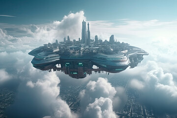 Fototapeta premium Futuristic sci fi city in clouds. Utopia. concept of the future. Flying passenger transport. Aerial fantastic view. 3d rendering