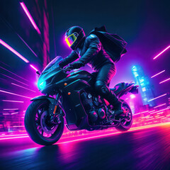 Fototapeta na wymiar Person riding motorcycle in a dark city with neon lights, generative AI