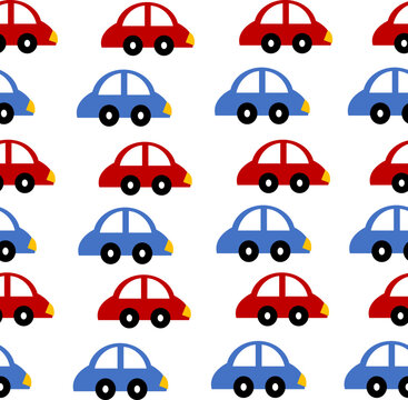 Cartoon car pattern repeat and seamless style, replete image design for fabric printing, blue and red cartoon car for kids wallpaper 
