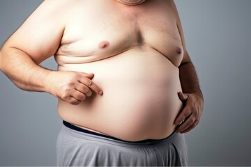 close up,fat mature man check out body overweight abdomen his belly for white or obesity background