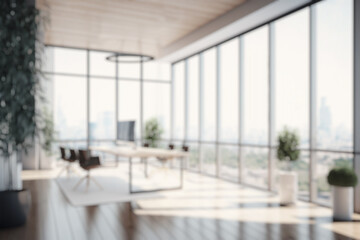 Fototapeta na wymiar Blurred large modern office workspace in the morning , interior workplace with cityscape for business presentation background, AI generated