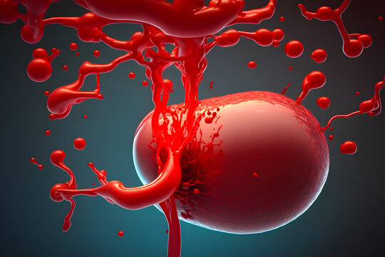 Blood vessel with an enlarged ball filled with blood, blood. A dangerous disease aneurysm, the threat of hemorrhage, heart attack, stroke. Splashes, drops, pressure. Abstract model. Generative AI