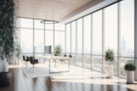 Blurred large modern office workspace in the morning , interior workplace with cityscape for business presentation background, AI generated