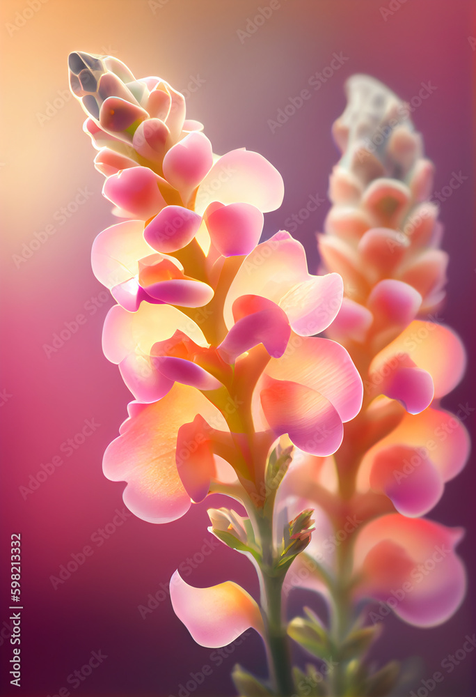 Aufkleber Beautiful abstract flower Snapdragon from smooth elegant transparent fabric concept, contemporary on bright bokeh background 3d pink and peach colors. Generative AI technology.
