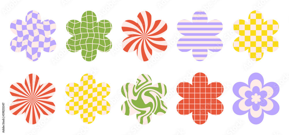 Poster Vector set flowers icons with different colorful backgrounds isolated on a white background. Retro illustration in groovy style 60s, 70s.
