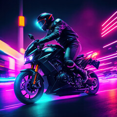 Naklejka na ściany i meble Person riding motorcycle in a dark city with neon lights, generative AI