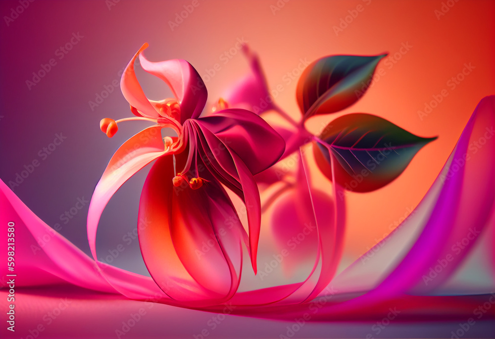Aufkleber Beautiful abstract flower Foxglove from smooth elegant transparent fabric concept, contemporary on bright bokeh background 3d pink and peach colors. Generative AI technology.
