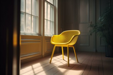A bright yellow chair sits in an unfurnished space beside a big window. Created with 3D rendering technology. Generative AI