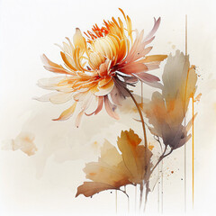 Generative AI. Chrysanthemum flower and leaves, watercolor painting on white paper