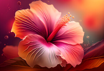Fototapeta na wymiar Beautiful abstract flower Hibiscus from smooth elegant transparent fabric concept, contemporary on bright bokeh background 3d pink and peach colors. Generative AI technology. 