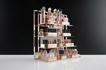 3D mockup of a display rack for luxury cosmetics, designed to showcase feminine beauty in advertisements. Generative AI