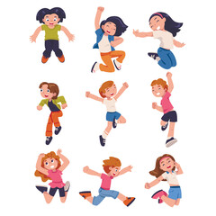 Happy Children Jumping High with Joy and Excitement Feeling Freedom Vector Set