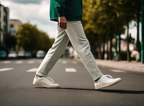 A man wearing sport sneakers on street . Men's sports shoes