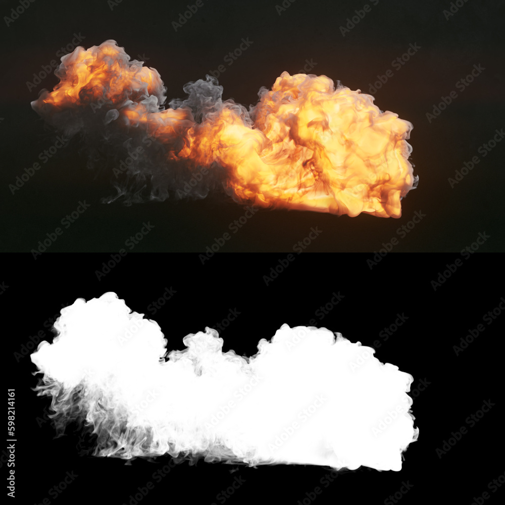 Poster Highly realistic fire explosions with dark smoke. Abstract background. Alpha channel. 3d rendering digital illustration