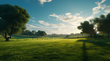 Extensive lawn and blue sky, white clouds and the sun set on the horizon land scape. Generative Ai