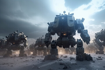 invasion of military robots. Dramatic apocalypse super realistic concept. Future. 3d rendering.