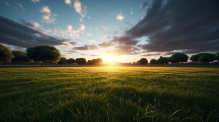 Fototapeta premium Extensive lawn and blue sky, white clouds and the sun set on the horizon land scape. Generative Ai