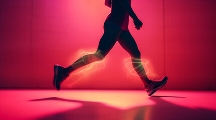 Fototapeta na wymiar Silhouette of running athlete. Abstract image of sporty woman runner jogger on red-purple form lines, point background. Dynamic movement, vide view. Generative AI. High quality illustration