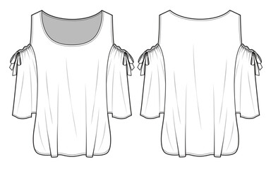 Ladies cold shoulder dress front and back view flat drawing vector.