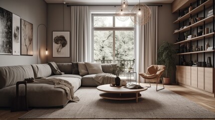 Minimalist decor and modern art in an art collector's living room. AI generated