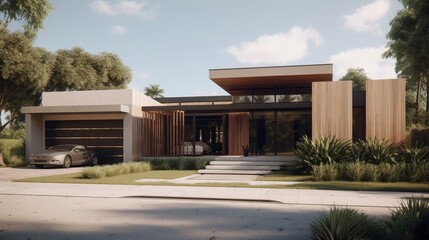 Fototapeta premium A strikingly modern home featuring sharp geometric shapes. Modern house architecture. AI generated