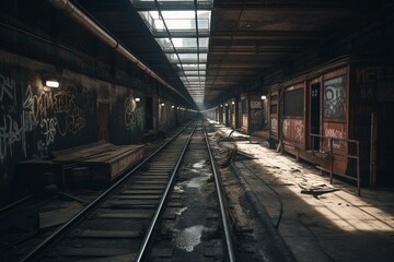 Fototapeta na wymiar Old, deserted subway with tracks inducing dread. Generative AI