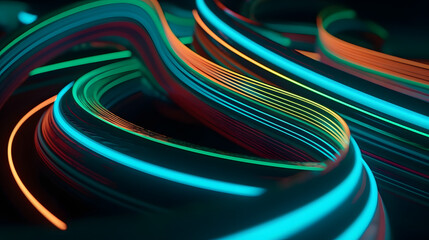 3D render neon line. Geometric figure in neon light background. Laser glow wallpaper. Generative Ai.