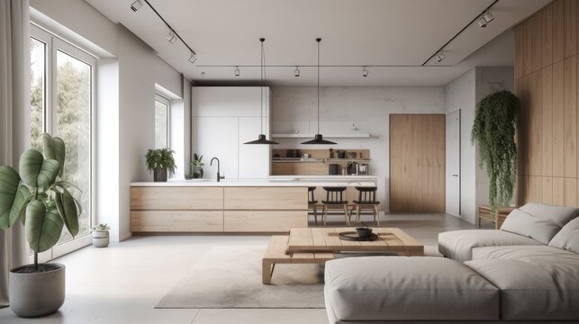 Clean lines and open spaces in minimalistic kitchen. AI generated
