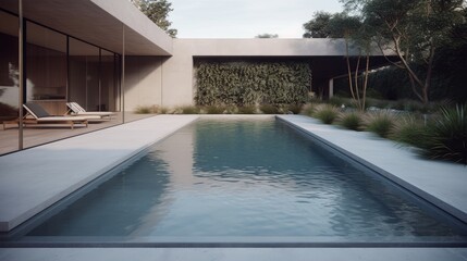 Minimalist pool design with clean lines and minimal landscaping. AI generated
