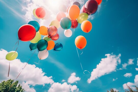 Balloons float on sunny day with blue sky and clouds. Generative AI