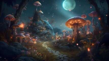 Fototapeta na wymiar Surreal psychedelic landscape. fantastic mushrooms
