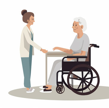  medical workers or volunteer taking care of an elderly person in a wheelchair. the concept of helping the elderly.Generative AI Generative AI