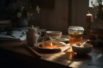 Obraz na płótnie Canvas A warm cup of tea and calming aromatherapy on a table. Generative AI
