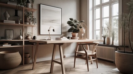 Neutral palette and minimal decor in a home office. AI generated