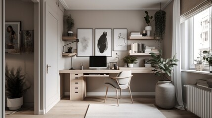 Obraz premium Neutral palette and minimal decor in a home office. AI generated