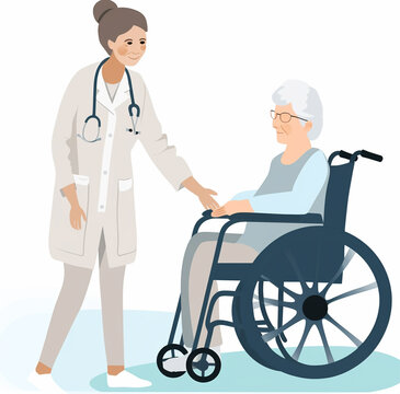 medical workers or volunteer taking care of an elderly person in a wheelchair. the concept of helping the elderly.Generative AI Generative AI