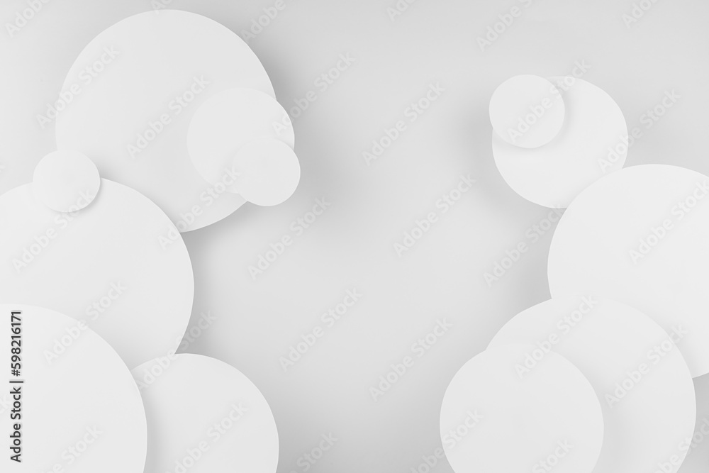 Poster white circles of different size soar as pattern, texture in soft light top view, abstract background