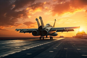 Military aircraft before take-off from aircraft carrier on dramatic sunset