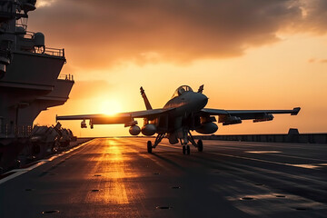 Fototapeta na wymiar Military aircraft before take-off from aircraft carrier on dramatic sunset