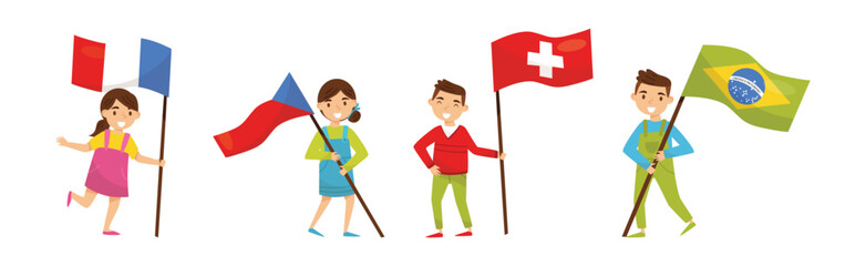 Little Boy and Girl Holding National Flags of Different Countries Waving on Pole Vector Set