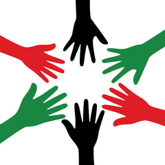 Silhouette of red, black and green colored hands as the colors of the Pan-African flag. Flat design illustration. For Juneteenth and Black History Month.