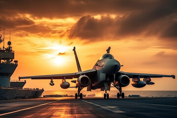 Fototapeta na wymiar Military aircraft before take-off from aircraft carrier on dramatic sunset