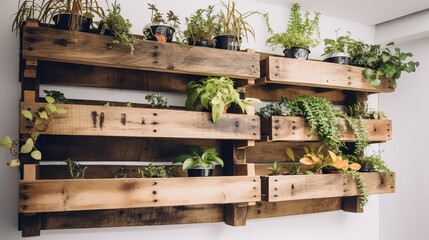 Recycled pallets with hanging plants creating a vertical garden on a plain white backdrop. AI generated