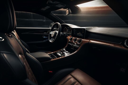 Black leather luxury car interior against transparent background as png illustration wallpaper. Generative AI