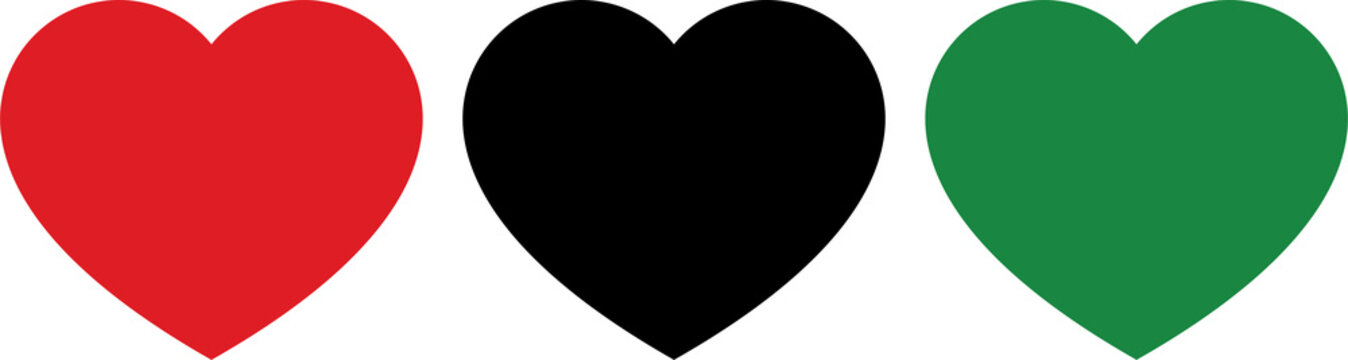 Red, black and green colored heart shape icon as the colors of the Pan-African flag. For Juneteenth and Black History Month. Flat design illustration.