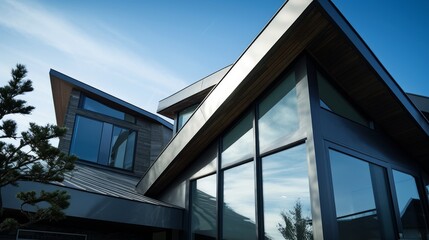 Sharp, angular rooflines with a sleek metal finish. AI generated