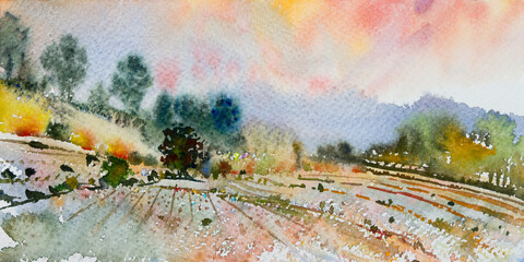 Abstract watercolor panorama of meadow field, farm with mountain and sky