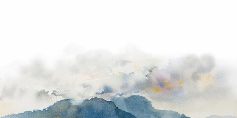 Panorama view mountain range sky watercolor landscape painting on white background.