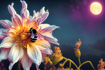 A bee sitting on a dahlia flower in the moonlight