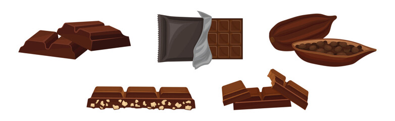 Parts of Chocolate Bar or Candy Bar as Confection of Rectangular Form Vector Set